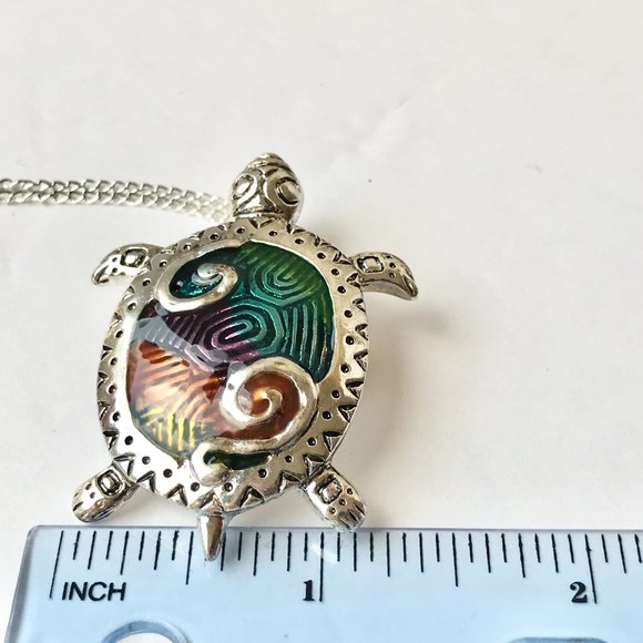 Silver Sea Turtle Brooch Pendant Necklace Pin Enamel Multicolor Rhodium Plated - Picture 9 of 10